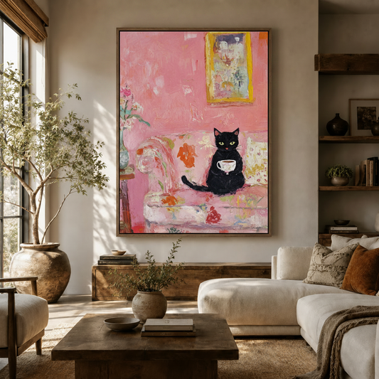 Impressionist black cat teacup canvas print above wooden sideboard in warm neutral living room