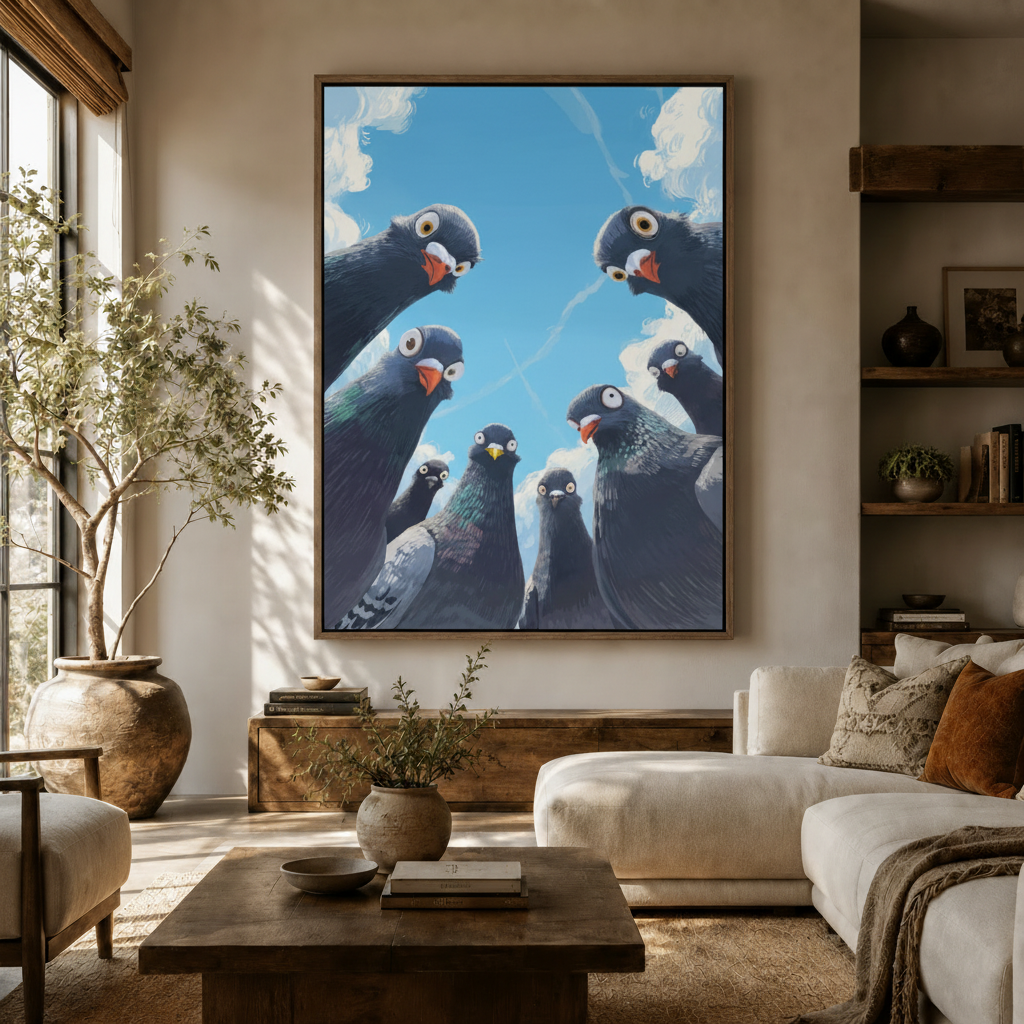 Whimsical pigeon flock cartoon canvas displayed in warm neutral living room above wooden sideboard