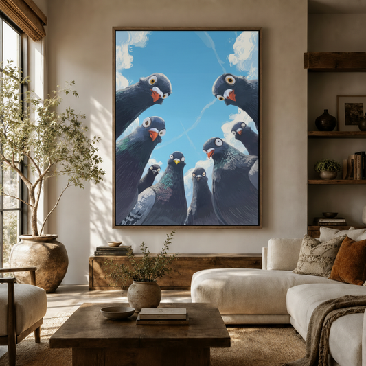 Whimsical pigeon flock cartoon canvas displayed in warm neutral living room above wooden sideboard