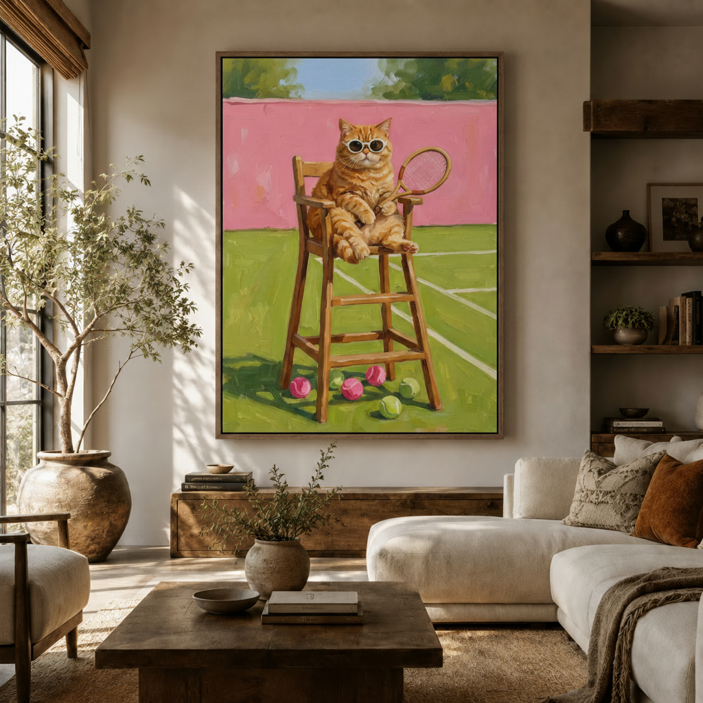Tennis cat oil painting canvas displayed in a warm neutral living room above a wood console