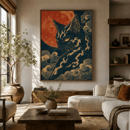 Mystical black cat moon canvas wall art hanging in a warm neutral living room above a wooden sideboard