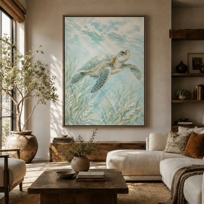 Sea turtle watercolor canvas wall art displayed in cozy living room above white sofa with natural light