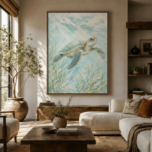 Sea turtle watercolor canvas wall art displayed in cozy living room above white sofa with natural light