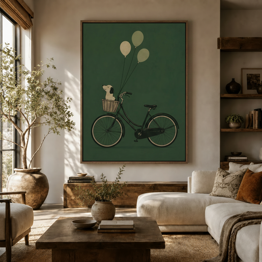 Minimalist dog bicycle canvas wall art in dark walnut float frame displayed in a warm neutral living room
