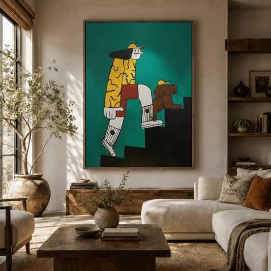 Pop art figure and dog canvas wall art displayed in a warm neutral living room above a wood console