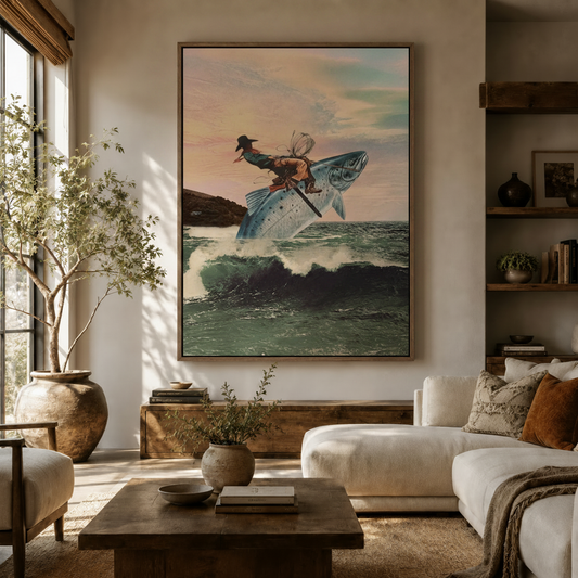 Surrealist canvas wall art of a fish rider over ocean waves displayed in a warm neutral living room