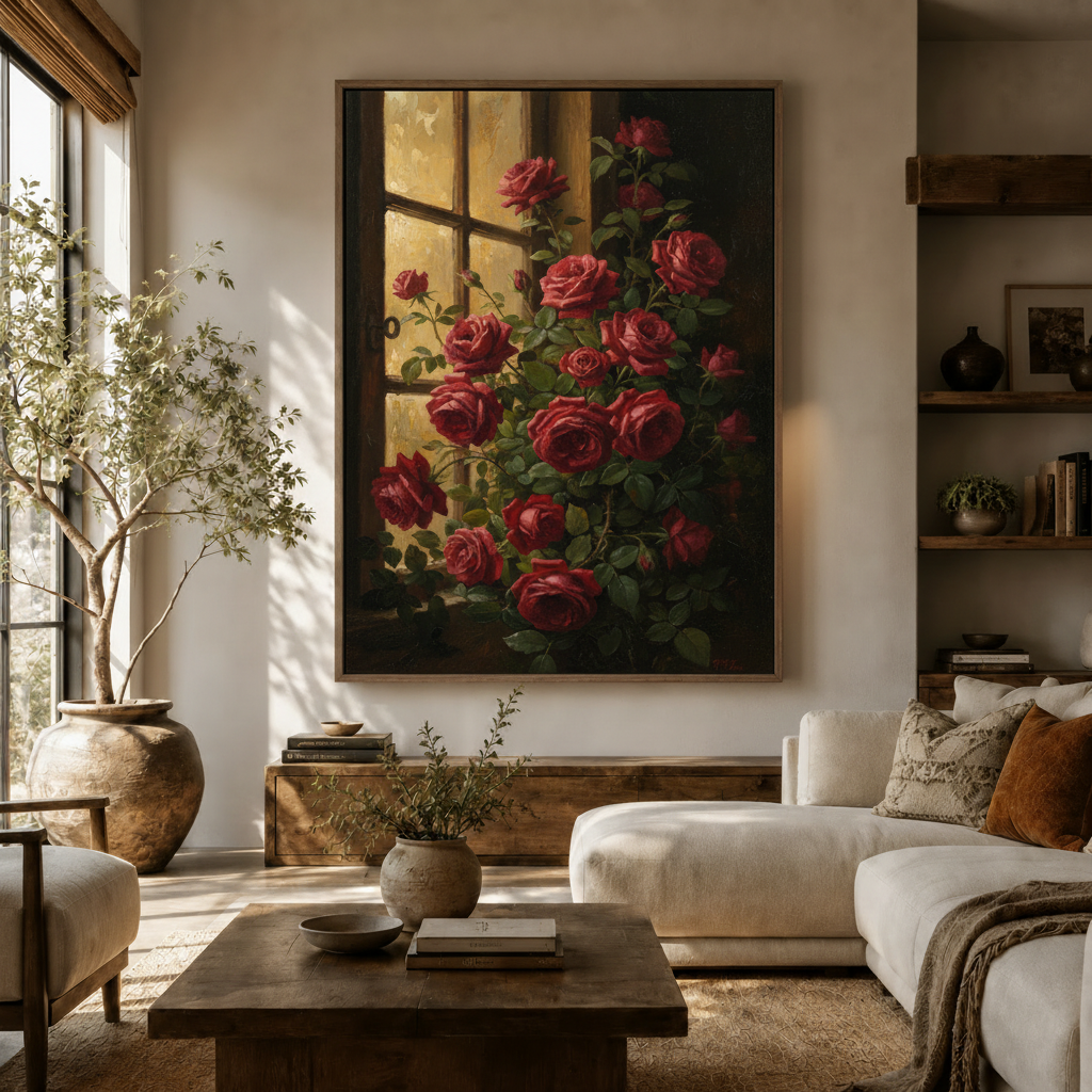  Classical red roses oil painting canvas print above wooden sideboard in warm neutral living room