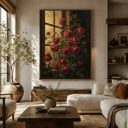  Classical red roses oil painting canvas print above wooden sideboard in warm neutral living room
