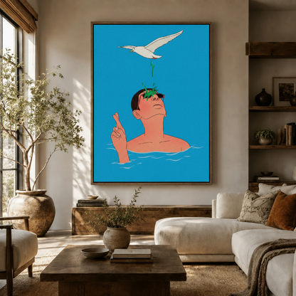 Funny seagull luck illustration canvas print displayed above sofa in warm earthy living room