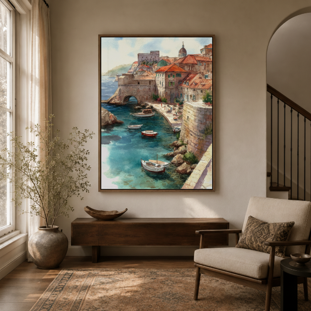 Impressionist Mediterranean harbor canvas print in dining room – vibrant oil painting with turquoise bay boats and sun-drenched village as warm coastal wall accent by Aurewall