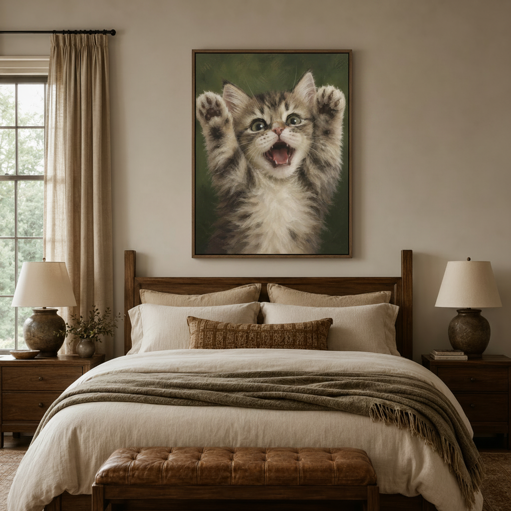 Funny cat canvas print hanging above bed in warm neutral bedroom with wooden furniture