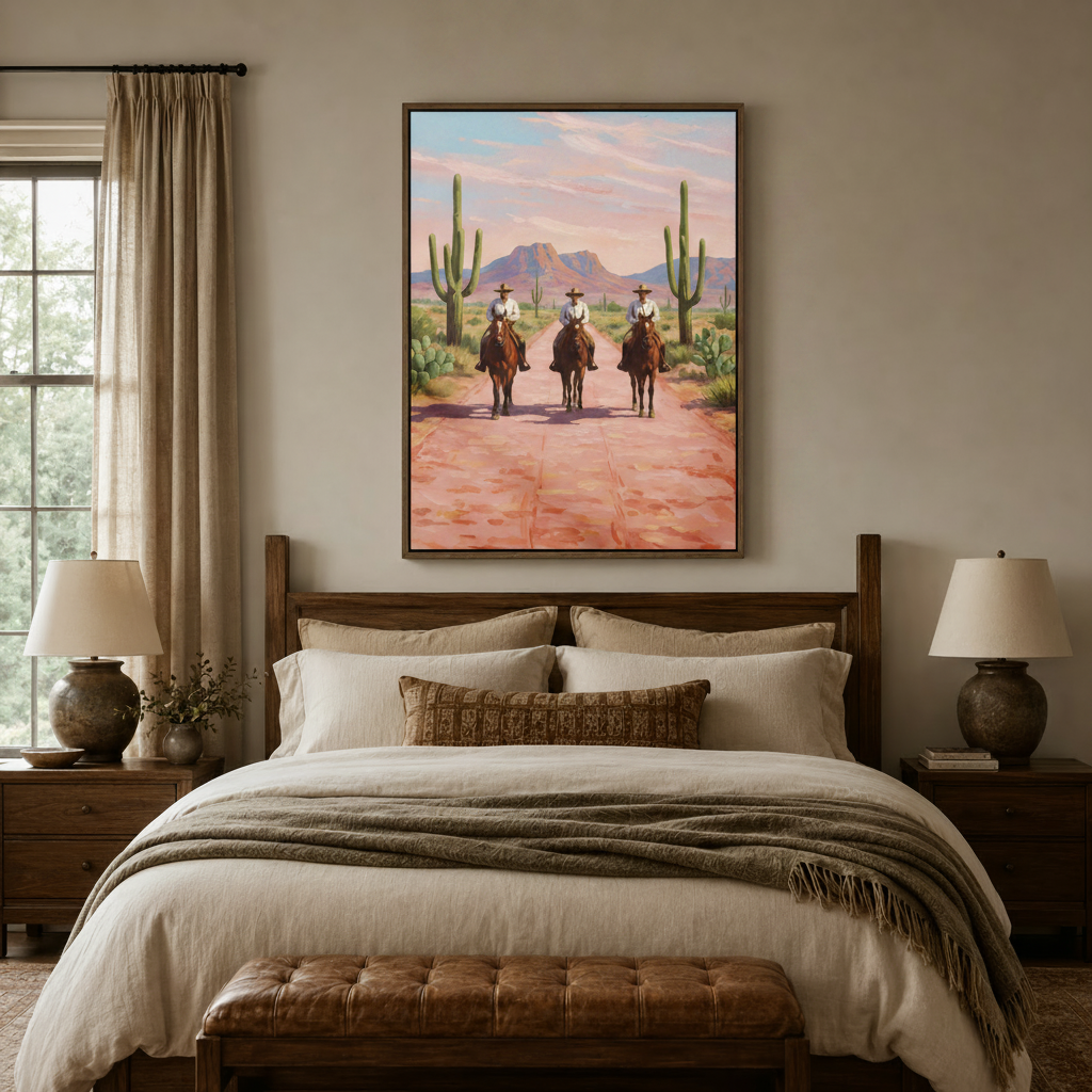 Western cowboys desert oil painting canvas art displayed above bedroom headboard