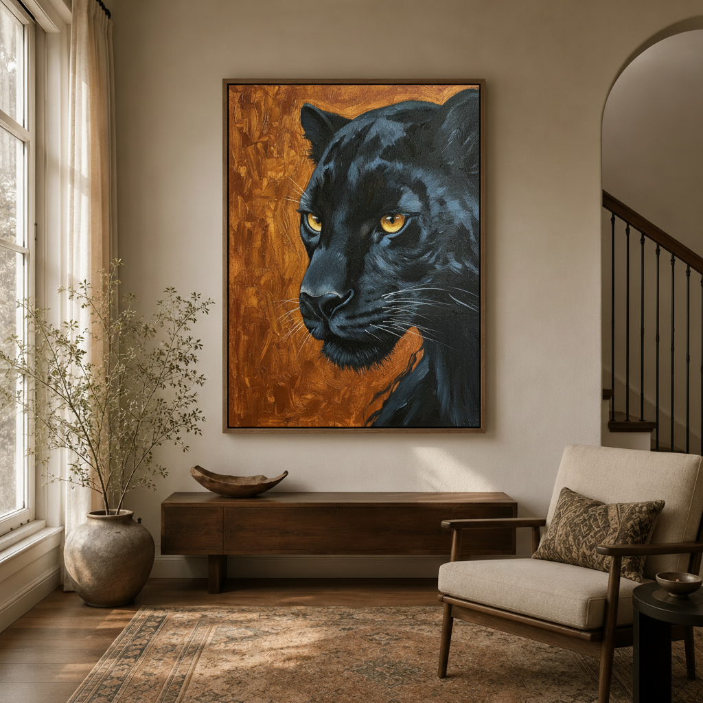 Bold wildlife canvas print in floating frame displayed in a cozy entryway hallway