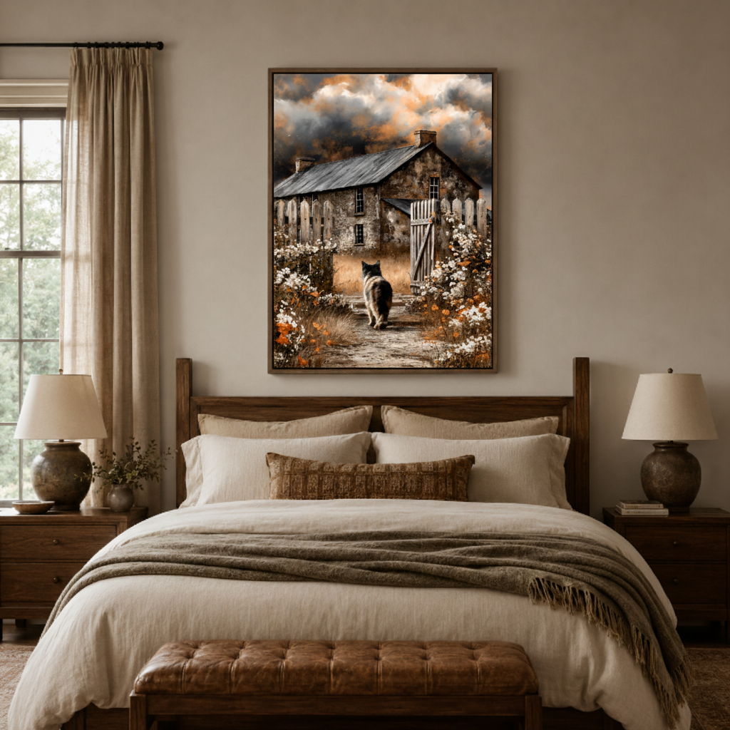 Black cat cottage garden canvas wall art bedroom detail – close-up of rustic oil painting showing black cat texture wildflowers and dramatic cloudy sky by Aurewall