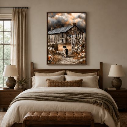 Black cat cottage garden canvas wall art bedroom detail – close-up of rustic oil painting showing black cat texture wildflowers and dramatic cloudy sky by Aurewall