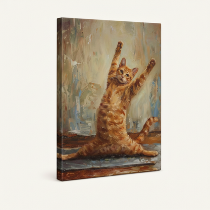 Funny joyful orange tabby cat stretched canvas print – unframed realist oil painting with arms-wide ecstatic cat in warm expressive brushwork by Aurewall