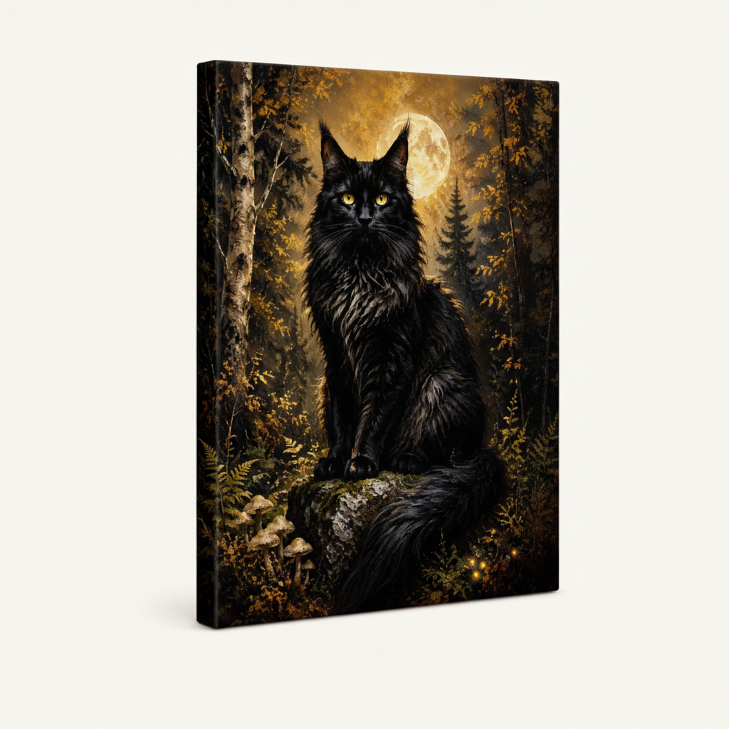 Dark gothic black cat stretched canvas print – unframed oil painting with black cat among twisted branches and golden moonlight by Aurewall