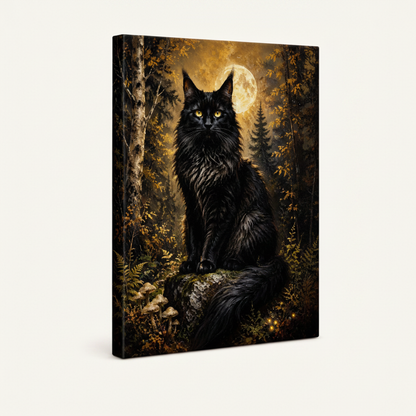 Dark gothic black cat stretched canvas print – unframed oil painting with black cat among twisted branches and golden moonlight by Aurewall