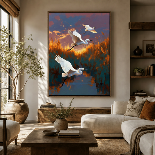 White egrets flying over wetland sunset canvas wall art in float frame in modern living room