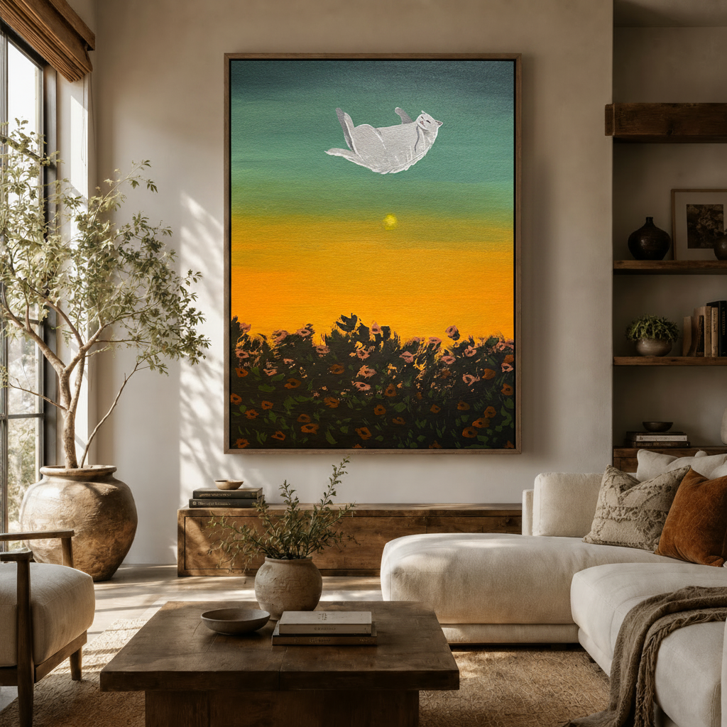 Floating cat sunflower sunset canvas wall art displayed above sideboard in warm neutral living room