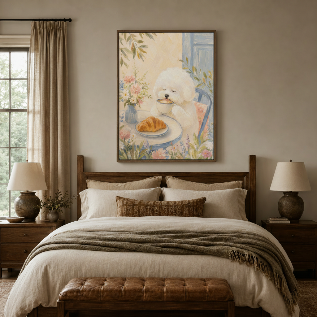 Pastel Bichon Frise cafe canvas print in walnut float frame above cozy bedroom bed