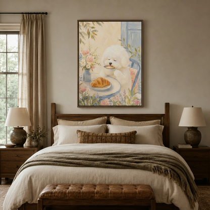 Pastel Bichon Frise cafe canvas print in walnut float frame above cozy bedroom bed