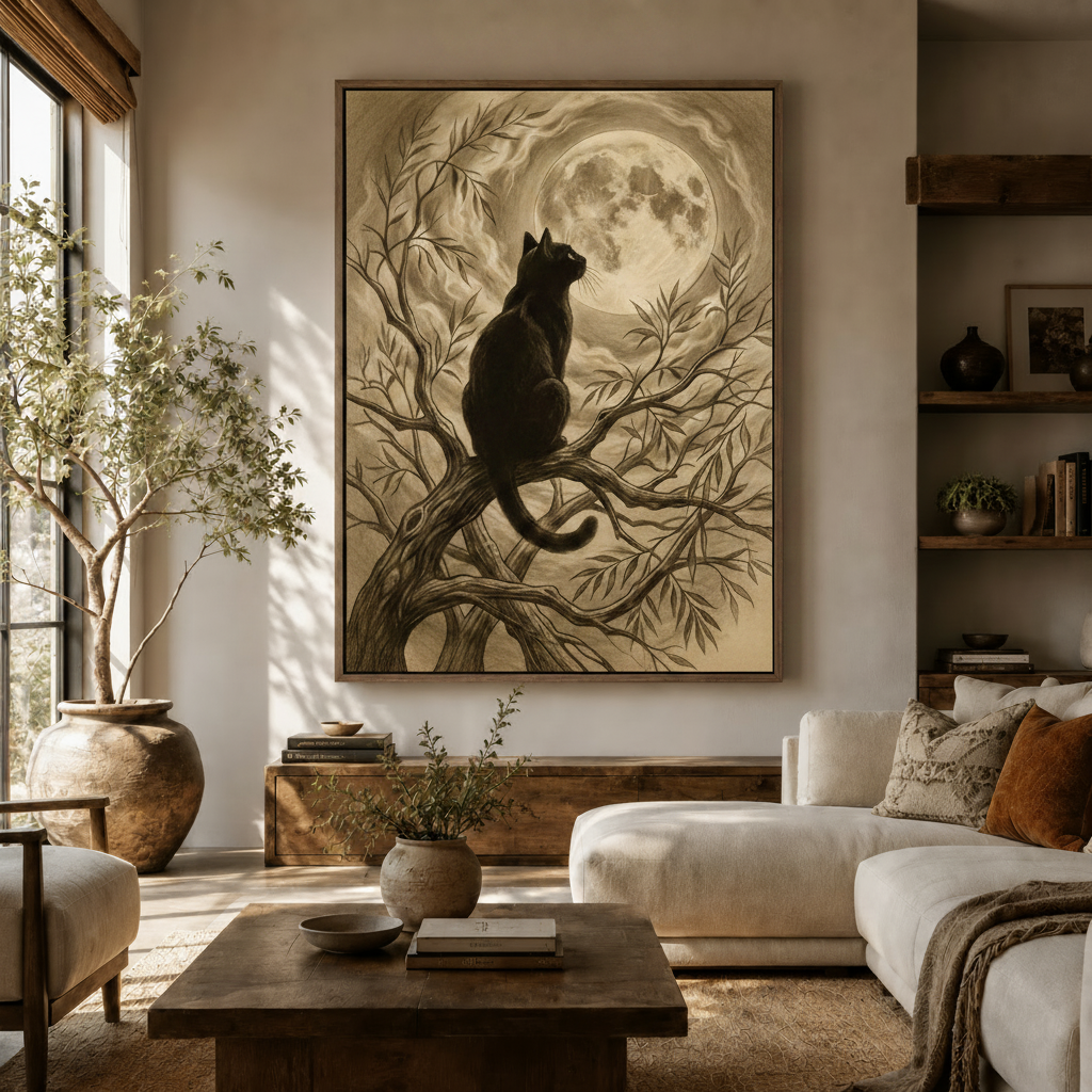 Vintage black cat full moon sepia canvas wall art displayed above a wooden sideboard in a warm living room