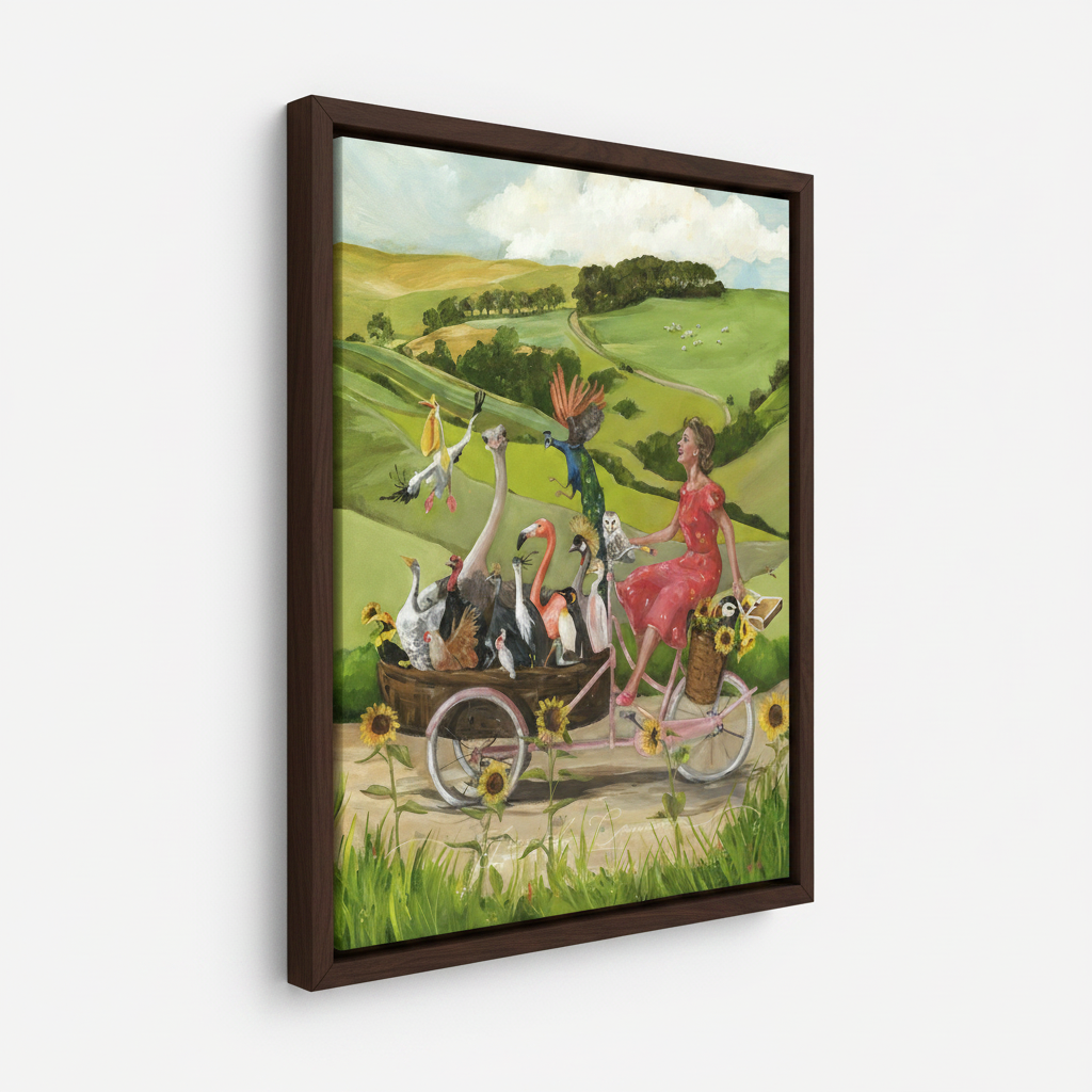 Woman cycling with birds framed canvas wall art – whimsical illustration of laughing red dress woman biking with flamingo parrot and owl by Aurewall
