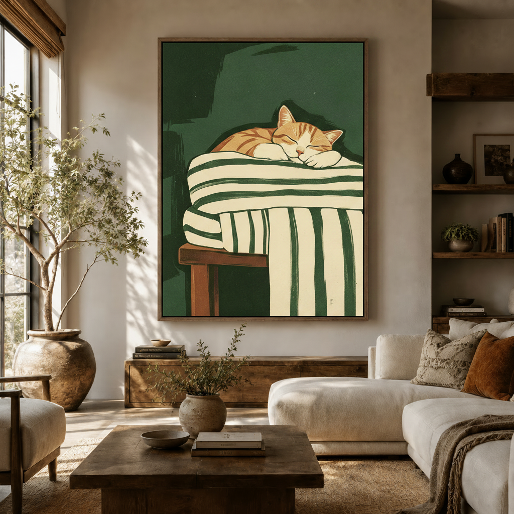 Sleeping cat Japanese illustration canvas print displayed in warm neutral living room setting
