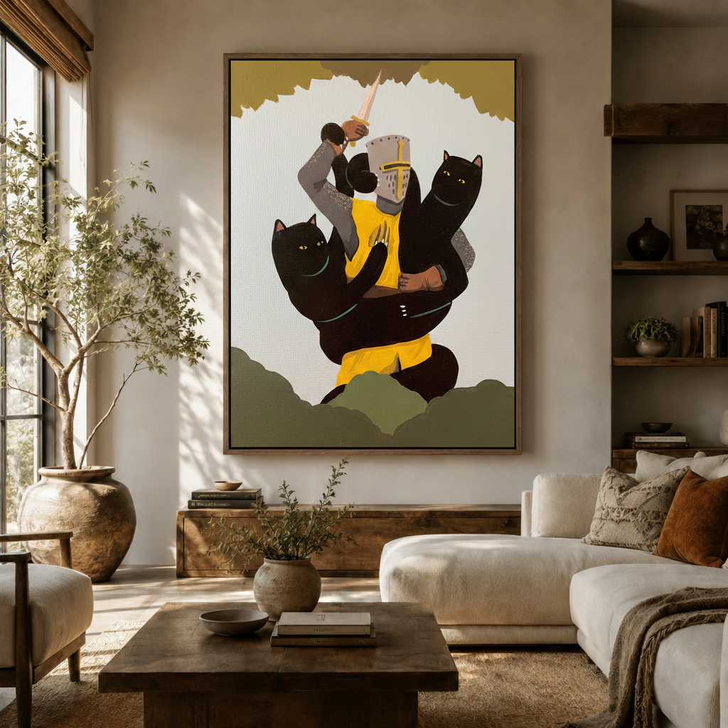 Medieval knight and black cats epic canvas in walnut frame, styled in a warm neutral living room with white sofa