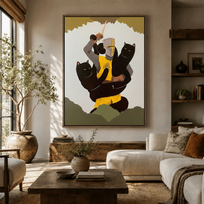 Medieval knight and black cats epic canvas in walnut frame, styled in a warm neutral living room with white sofa