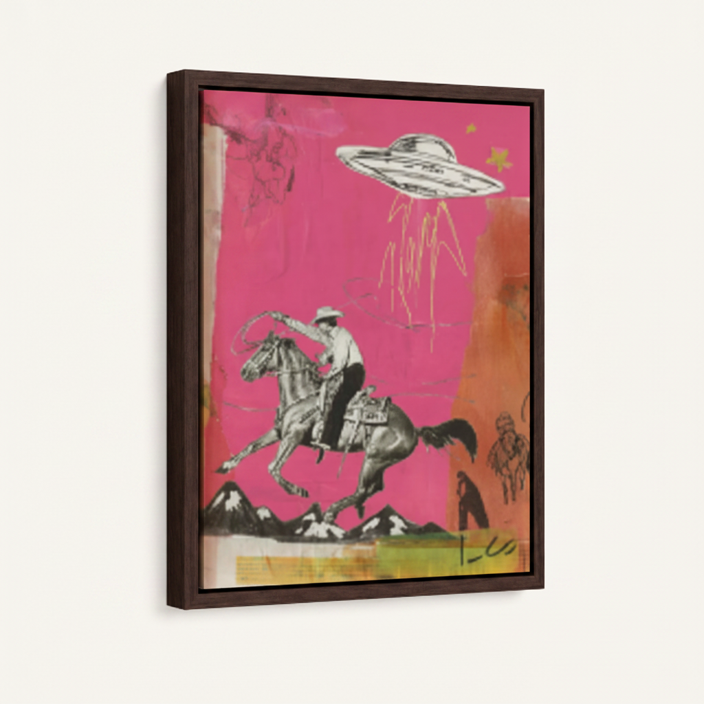 Pink cowboy UFO framed canvas wall art – bold pop art print with western rider and flying saucer on hot pink background by Aurewall
