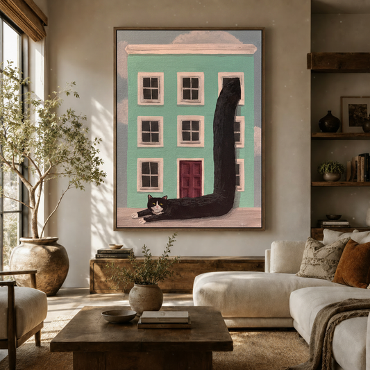 Whimsical tuxedo cat folk art canvas in dark walnut floater frame, styled in a warm neutral living room