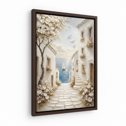 Mediterranean village framed canvas wall art – textured oil painting with white stone steps flowering trees and blue door in warm light by Aurewall