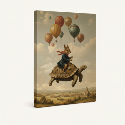 Whimsical rabbit turtle balloon stretched canvas print – unframed surreal oil painting with rabbit on tortoise drifting skyward with colorful balloons by Aurewall