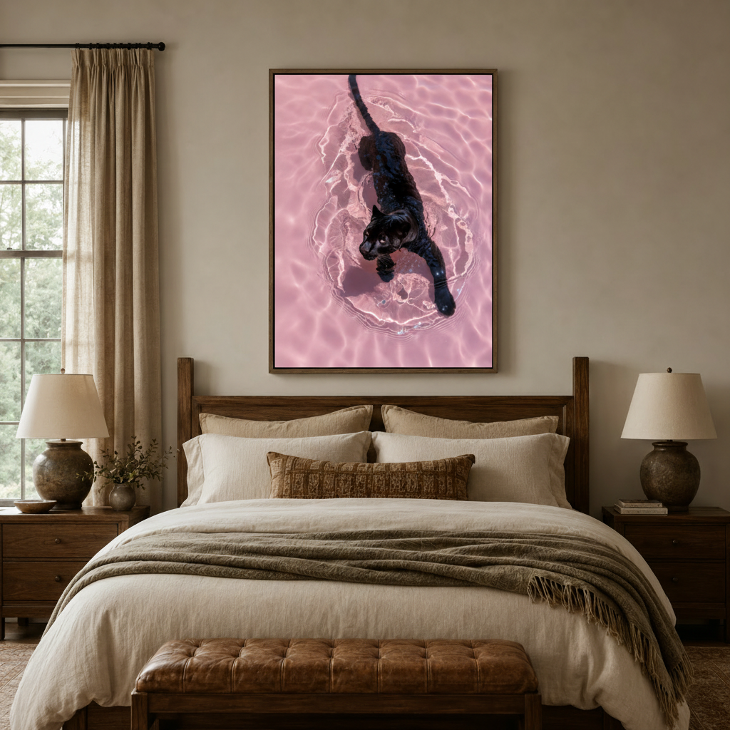 Black panther pink water canvas wall art framed above bed in warm neutral bedroom