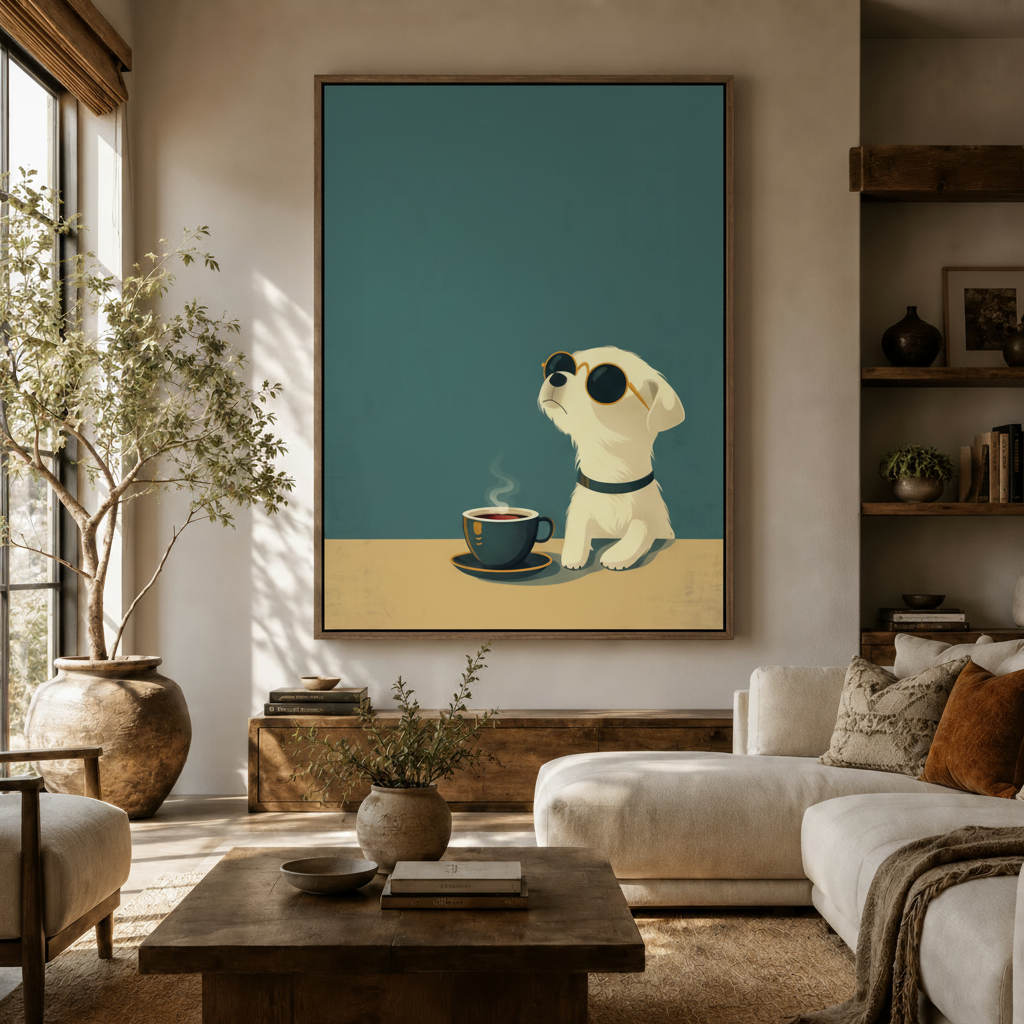  Minimal illustration canvas print of cool white puppy in sunglasses with coffee in warm living room