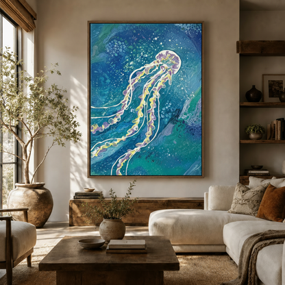 Glowing jellyfish ocean canvas art hanging in a warm neutral living room above wooden sideboard