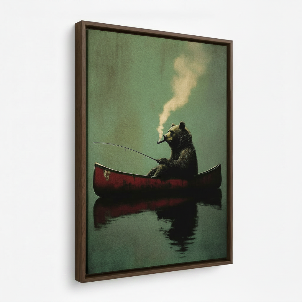 Gentleman bear canoe framed canvas wall art – humorous oil painting with black bear in red canoe smoking pipe on misty green lake by Aurewall