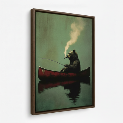 Gentleman bear canoe framed canvas wall art – humorous oil painting with black bear in red canoe smoking pipe on misty green lake by Aurewall