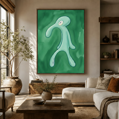 Abstract squid watercolor canvas print displayed above sofa in warm earthy living room
