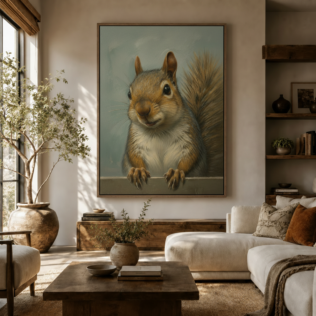 Curious squirrel oil painting canvas art displayed in a warm modern living room with neutral tones