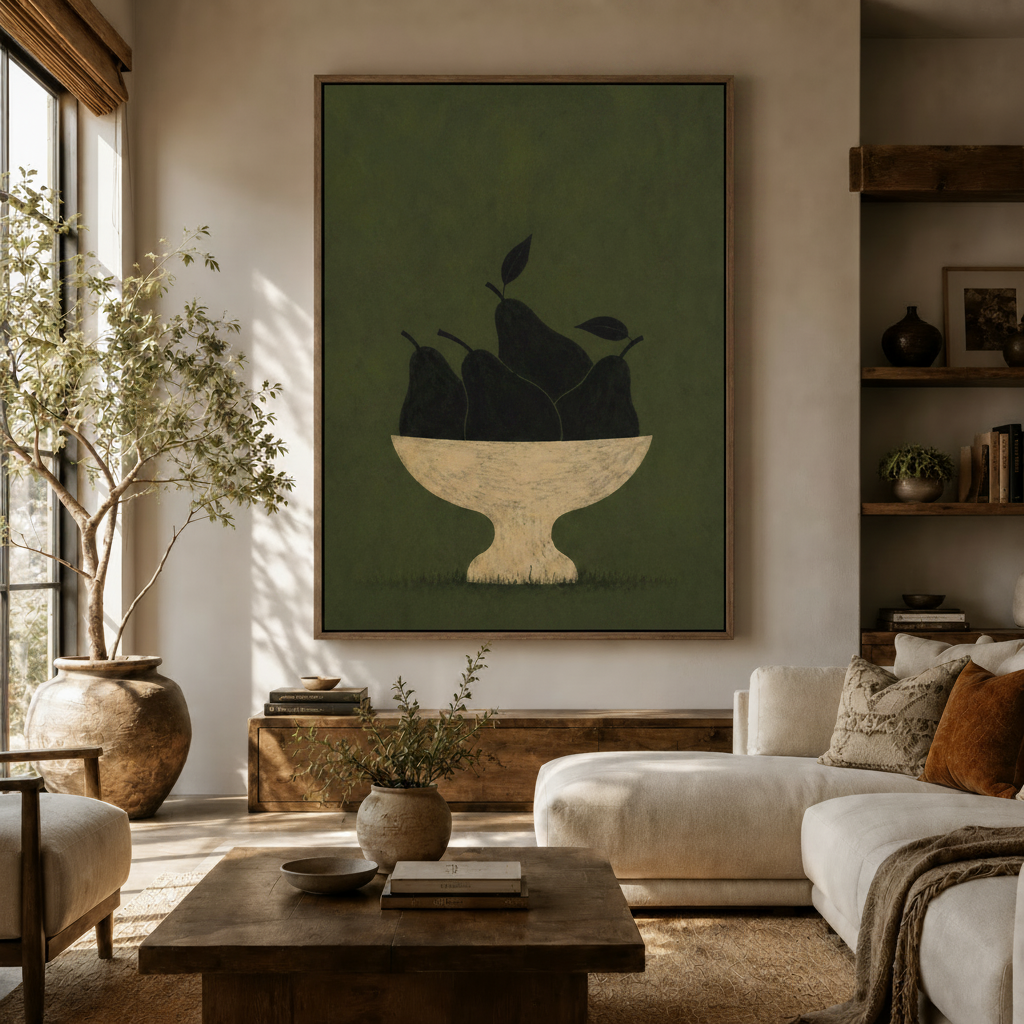 Dark pears still life canvas wall art in dark walnut float frame displayed in a warm neutral living room