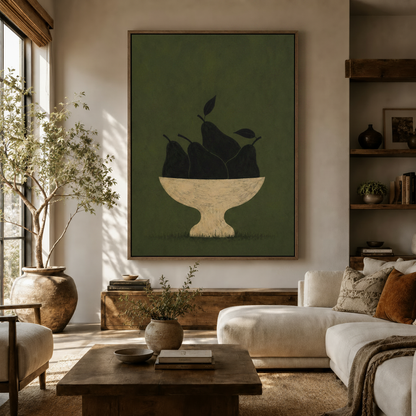 Dark pears still life canvas wall art in dark walnut float frame displayed in a warm neutral living room
