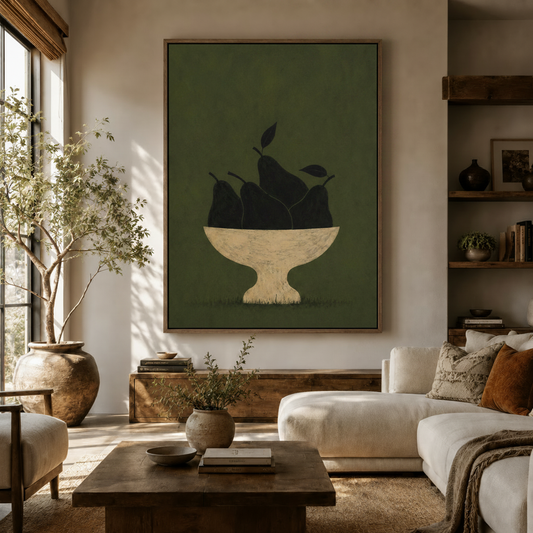 Dark pears still life canvas wall art in dark walnut float frame displayed in a warm neutral living room