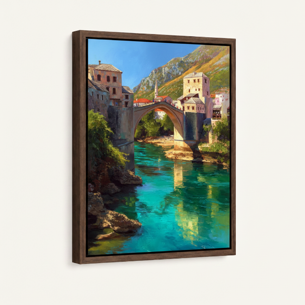 European river town framed canvas wall art – realist oil painting with turquoise river stone buildings and arched bridge in sunlight by Aurewall