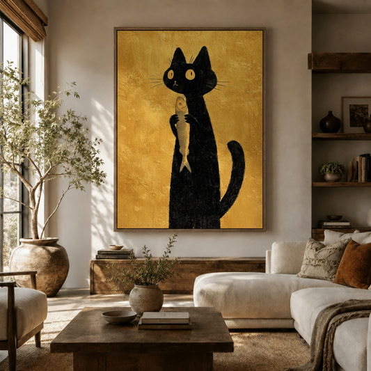 Minimalist black cat holding fish canvas wall art displayed above sofa in a warm neutral boho living room
