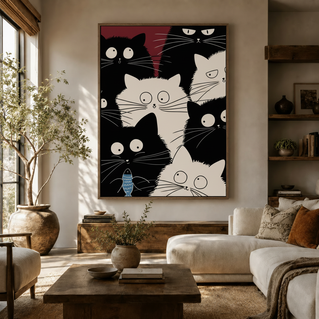  Funny black and white cat crowd canvas print displayed above sofa in warm living room