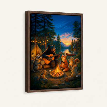 Forest animals campfire framed canvas wall art – whimsical illustration with bear fox and rabbit gathered around glowing fire under fairy lights by Aurewall