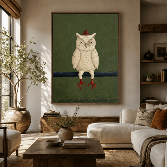 Whimsical owl in bowler hat canvas wall art displayed in a warm neutral living room with white sofa